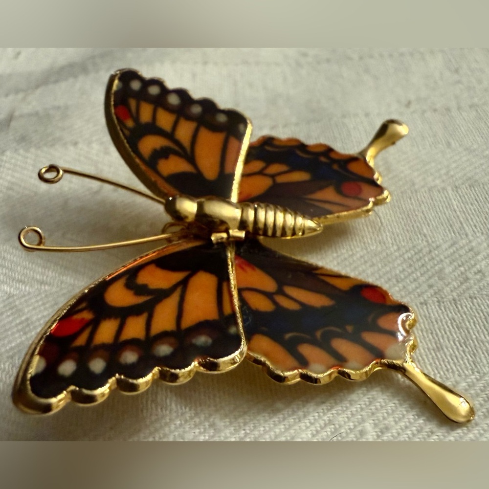 Monarch Butterfly Orange Black God tone Brooch - Picture 6 of 10